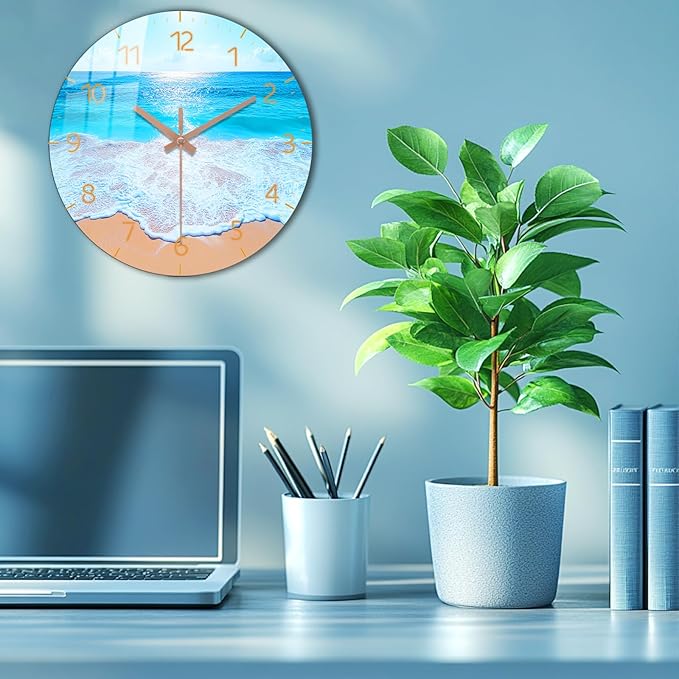 Modern Round Wall Clock 14 inch Wooden Beach Wall-Clock with Tempered Film Silent Analog Clock for Bedroom, Office, Living Room Decor