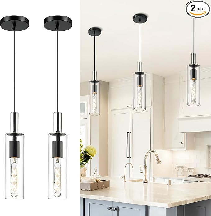 AUTELO 2 Pack Pendant Lights Kitchen Island, Modern Black Pendant Lights, Cylinder Glass Pendant Light Fixtures, Kitchen Pendant Lighting Over Island, H3875 BKNR-2PK