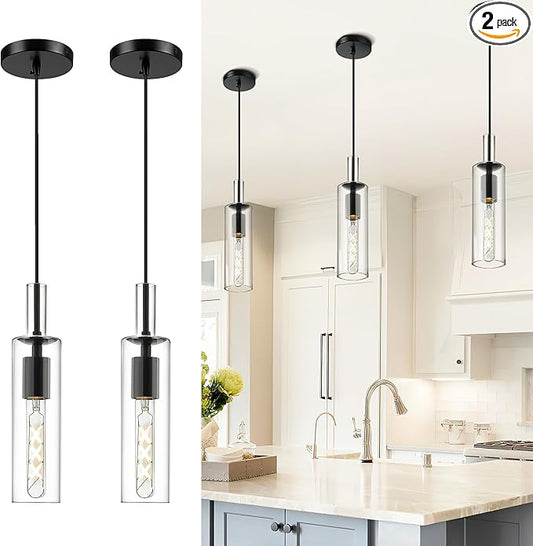 AUTELO 2 Pack Pendant Lights Kitchen Island, Modern Black Pendant Lights, Cylinder Glass Pendant Light Fixtures, Kitchen Pendant Lighting Over Island, H3875 BKNR-2PK