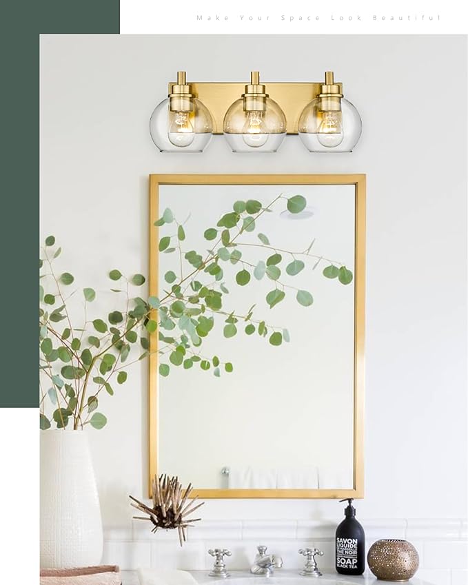 Bathroom Light Fixtures, 3-Light Brushed Gold Vanity Light, Modern Wall Sconces with Clear Glass Globe Shade, Bathroom Wall Lights for Mirror Kitchen Bedroom Hallway Living Room, VL195-GD-3