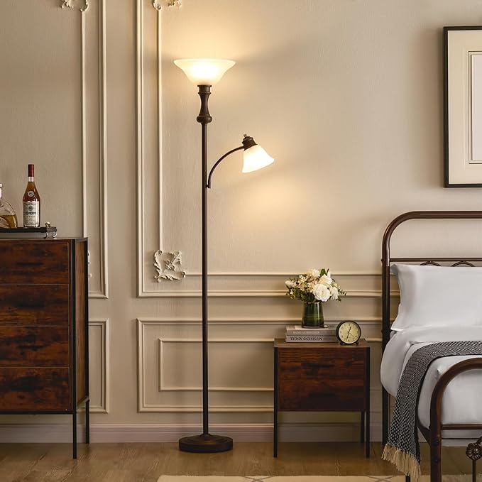 71'' Torchiere Floor Lamp for Bedroom with Glass Shade, Tall Floor Lamps for Living Room with Adjustable Angle Arc Reading Light, Modern Standing Light, Knob Switch, Bulb Included, Red Brown