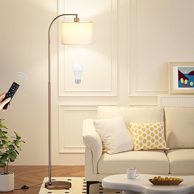 Arc Floor Lamp with Remote and Stepless Dimmable Bulb, Colors Temperature & Brightness Adjustable, Floor Lamps for Living Room（White Shade & Brown Pole）