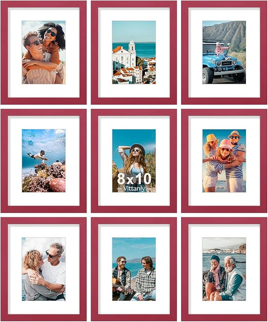 Vittanly 8x10 Picture Frames Set of 9, Shatter Resistant Plexiglass, Display 5x7 Pictures with Mat or 8x10 without Mat, Photo Frames for Wall or Tabletop, Engineered Wood, Red