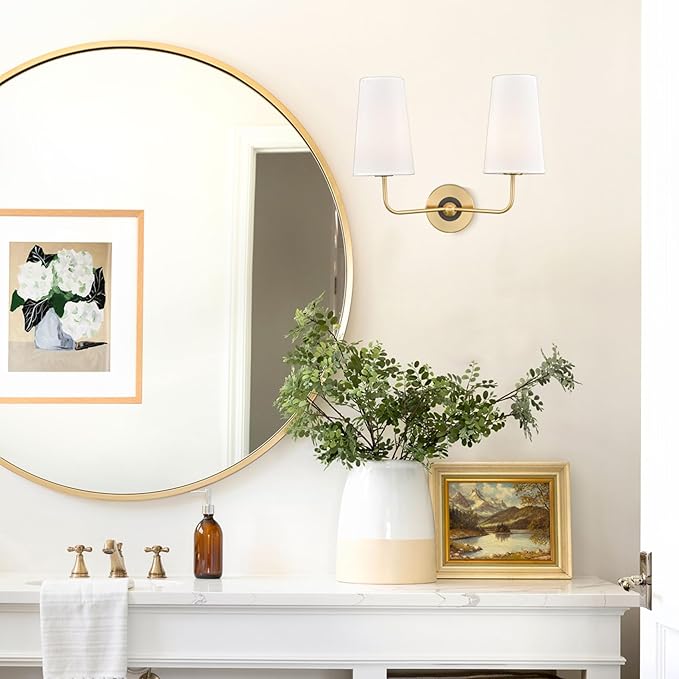 DAYCENT Modern Gold Wall Sconce with Fabric Shade 2-Light Armed Sconces Wall Lighting Double Brass Sconce for Bathroom Vanity Bedroom Hallway Living Room Stairway