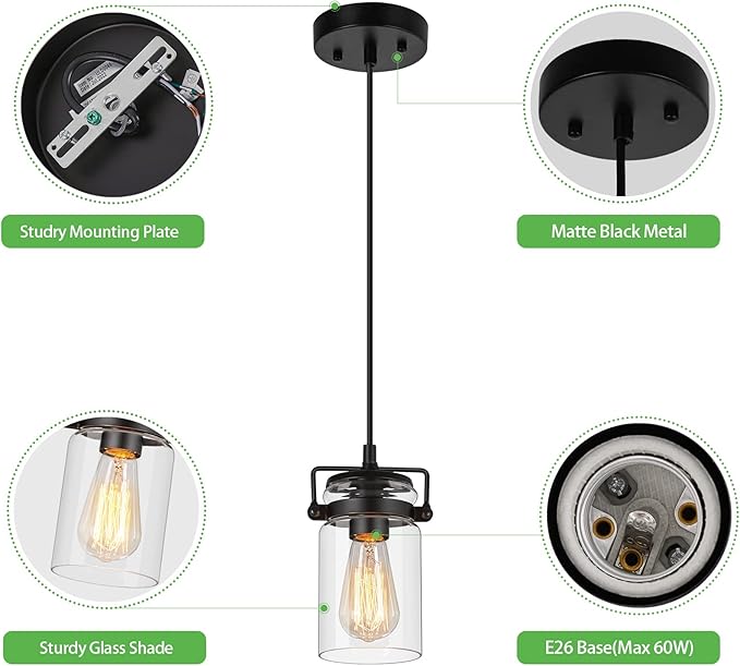 Industrial Pendant Lighting for Kithen Island, 1 Light Mini Hanging Pandent Light Fixture with Clear Glass Shade Adjustable Farmhouse Ceiling Light for Kitchen Island Dining Room Living Room
