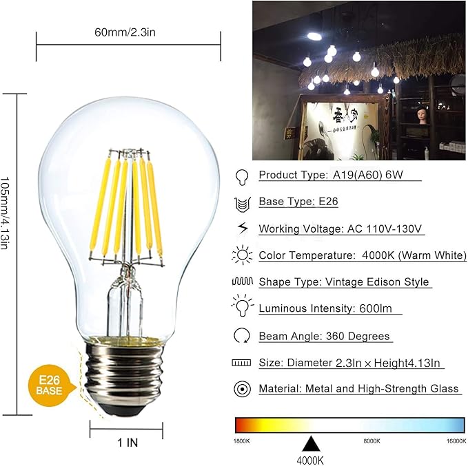 Dimmable 6W Vintage LED Edison Bulb 4000K Daylight White A19 /A60 LED Light Bulbs 600LM Led Filament Bulb 60W Equivalent E26 Medium Base Clear Glass , 6 Pack