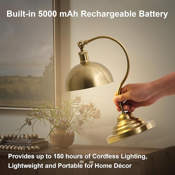 Cordless LED Table Lamp, 180° Swing Arm Desk Lamp, Rechargeable, Dimmable/3 Color/Memory Function, Vintage Rechargeable Table Light for Living Room,Bedroom,Bedside, Brass