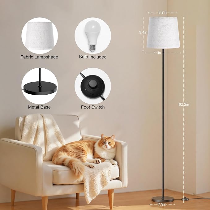 Floor Lamp with Linen Shade - 62" Tall LED Standing Lamp with Foot Switch, 3 Color Temps, 9W E26 Bulb Included, Black Floor Reading Light Corner Lamp for Living Room Bedroom Office Dorm