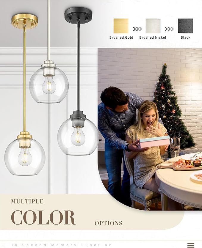 Matte Black Pendant Light, Mid Century Globe Haning Light Fixture Ceiling with Clear Glass for Kitchen Island Dining Room Bedroom Hallway Foyer (2 Pack), PL101BK-2PK