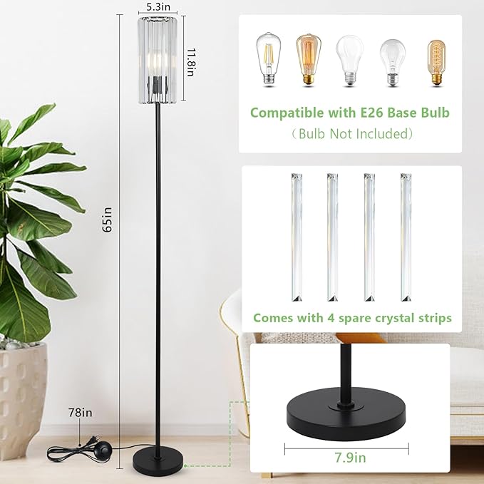 HMVPL Black Floor Lamp for Living Room, Elegant Floor Lamp for Bedroom with K9 Crystal Shade, Modern Standing Lamp for Corner with On/Off Switch, Pole Tall Lamp for Nursery Office Home Decor