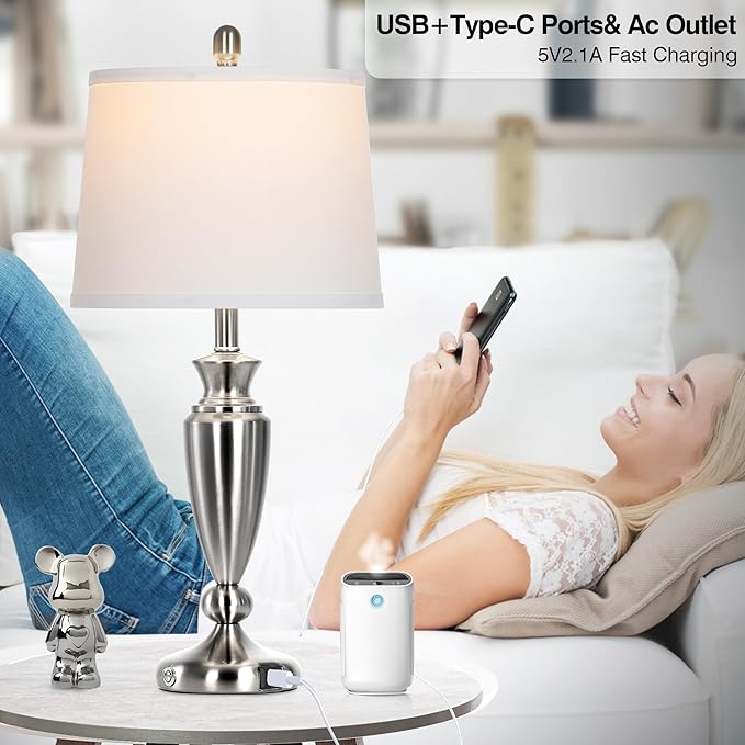 Metal Table Lamps Set of 2, 3 Way Touch Control Silver Bedside Lamps with USB A+C Ports, Modern Brushed Nickel Nightstand Lamps for Bedroom Living Room