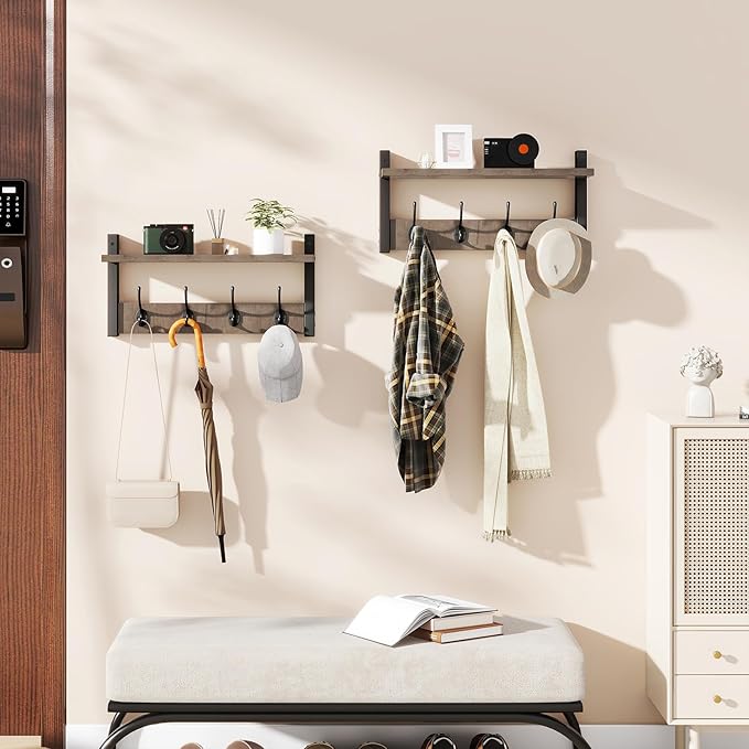 YMYNY Coat Rack Shelf Wall Mounted, Coat Hooks Set of 2, Entryway Coat Hanger with 8 Hooks, 31.5" Wall Floating Shelf with Hat Rack, for Kitchen, Bedroom, Bathroom, Silver Gray UHWS001Y-2