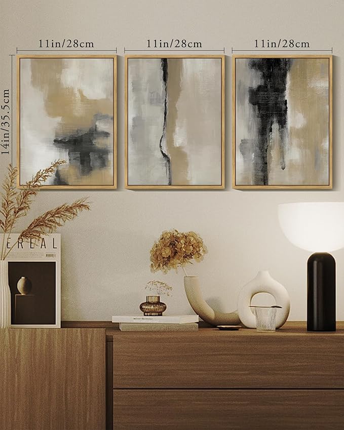 KUVIOKE Black Abstract Framed Wall Art Neutral Graffiti Pastel Minimalist Wall Decor Modern Art Painting for Bedroom Living Room 11x14in (Natural Framed)