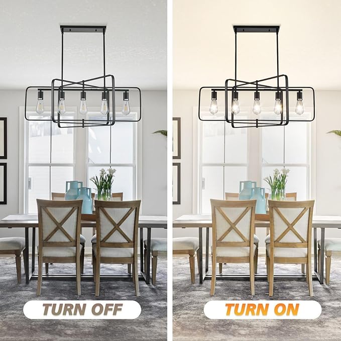 Dining Room Light Fixture/Chandelier Over Table,5-Light Kitchen Island Lighting Hanging for Farmhouse Linear Chandeliers Matte Black Rectangle Rustic Ceiling Pendant Light Fixtures, Height Adjustable