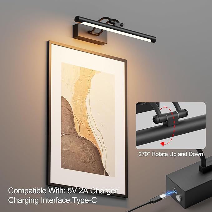 Cordless Picture Light with Remote, Battery Operated Wall Sconce for Artwork, 3 Colors Painting Light Dimmable and Timer, Wireless Art Light for Display (Black)