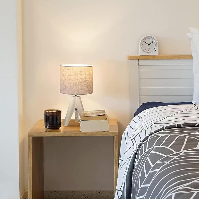 Tripod Table Lamp, Wooden Desk Lamp with Linen Beige Lampshade, 14.37 in Small Bedside Lamps, Birch Color Wooden E26 Base Lamps for Night Stands, Home, Office, Living Room, Dorm(Bohemian)