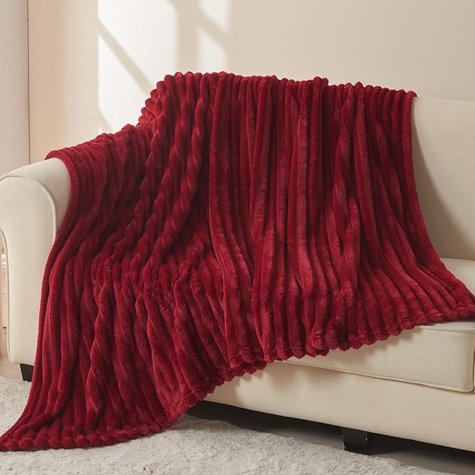 NEWCOSPLAY Super Soft Throw Blanket Red Premium Silky Flannel Fleece 3D Ribbed Jacquard Lightweight Bed Blanket All Season Use (Red Ribbed, Throw(50"x60"))
