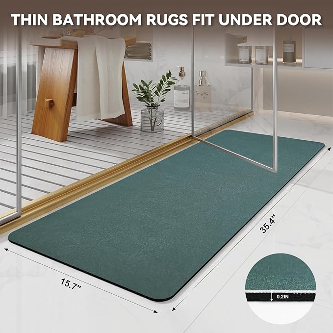 Diatomaceous Earth Bath mat Bathroom Rugs Super Absorbent Quick Dry Non Slip Bath Mat Thin Bathroom Floor Mats Fit Under Door-Shower Rug for in Front of Bathtub Shower, Green, 15.7"x35.4"
