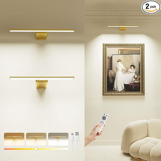 Rechargeable 12000mAh Picture Light for Wall Art with Remote, 3 Color Temps, Dimmable, Timer, for Gallery Poster Frame Painting Photo Art Display (Gold, 2 Pack)
