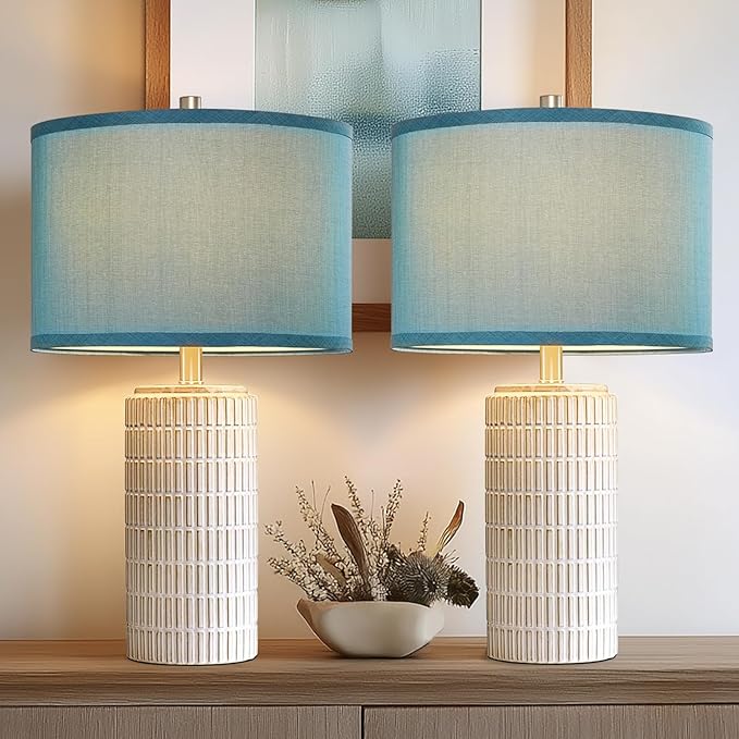 23" Modern Ceramic Nightstand Table Lamps Set of 2, Nautical Lamps for Bedroom Bedside, Side Table Lamps for Living Room, Dining Room, Office, 2 LED Bulbs Included (Blue)