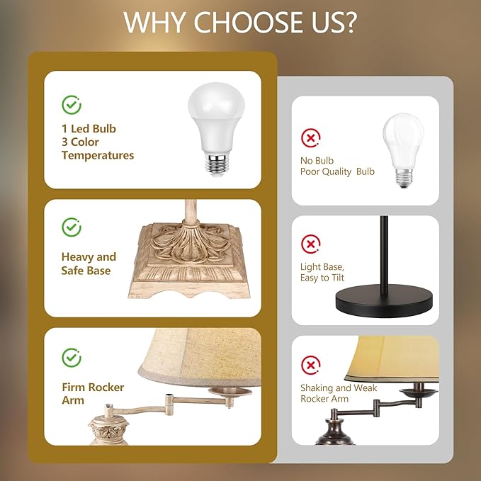 PARTPHONER Vintage Floor Lamps for Living Room,Traditional 350° Adjustable Swing Arm Farmhouse Floor Lamp for Bedroom, Rustic Standing Lamp Pole Lamps for Reading, Home Décor and Office, White