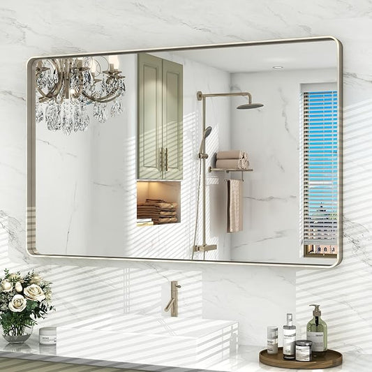 48x30 Inch Brushed Nickel Bathroom Mirror, Large Brushed Silver Metal Framed Wall Mirror, Rounded Corner Rectangle Modern Vanity Mirror, Tempered Glass, Anti-Rust, Shatterproof (Horizontal/Vertical)