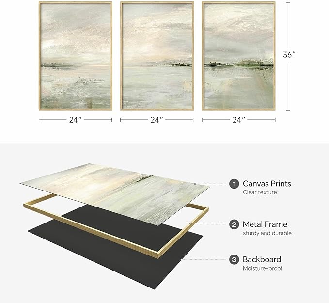 Framed Extra Large Green Abstract Wall Art for Living Room, 3 Piece Contemporary Landscape Canvas Artwork, Modern Minimalist Painting Prints for Dining Room Hallway Home Office Wall Decor, 24x36 Inch