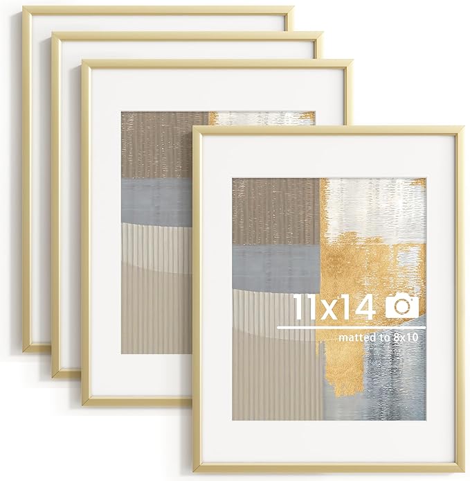 11x14 inch Metal Picture Frame - 11 x 14 Thin Aluminum Photo Frames with 8x10 Removable Mat - High Definition Plexiglass - Vertical and Horizontal Display - Wall Hook Hanging Hardware Included - Gold, Set of 4