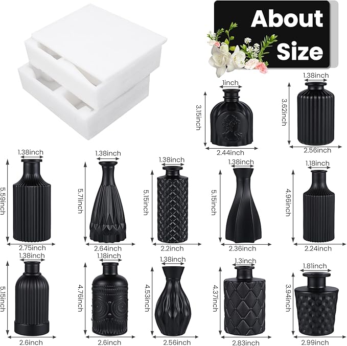 12pcs Glass Black Bud Vases Set, Small Vases for Flowers, Bud Vase for Centerpieces in Bulk, Mini Vintage Vase for Rustic Wedding Decorations, Office and Home Table Flower Décor