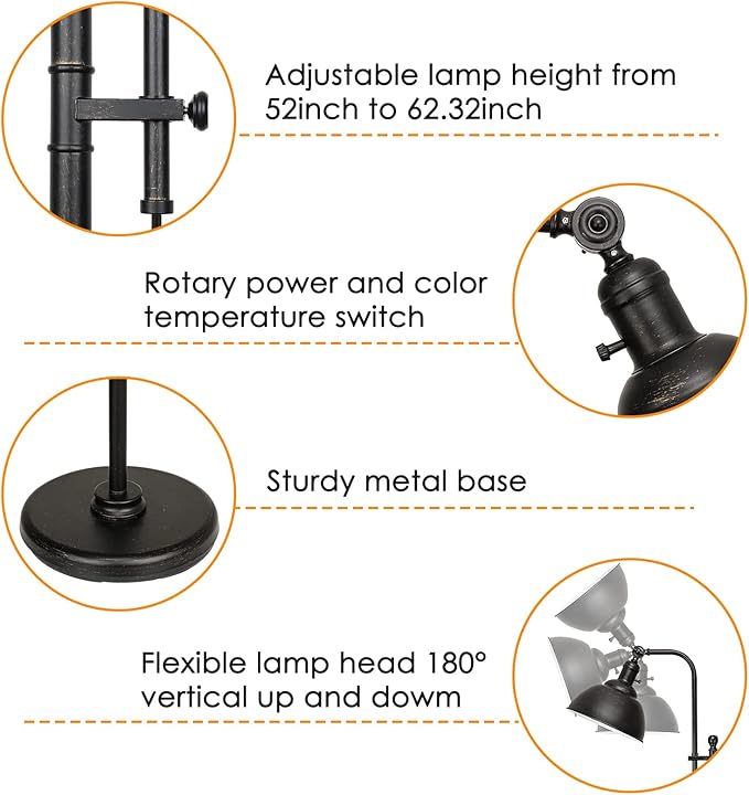 Industrial Floor Lamp, 3 Color Temperature Rustic Floor Lamps in Aged Bronze, Adjustable Height&Head Standing Reading Lamp Farmhouse Lamp