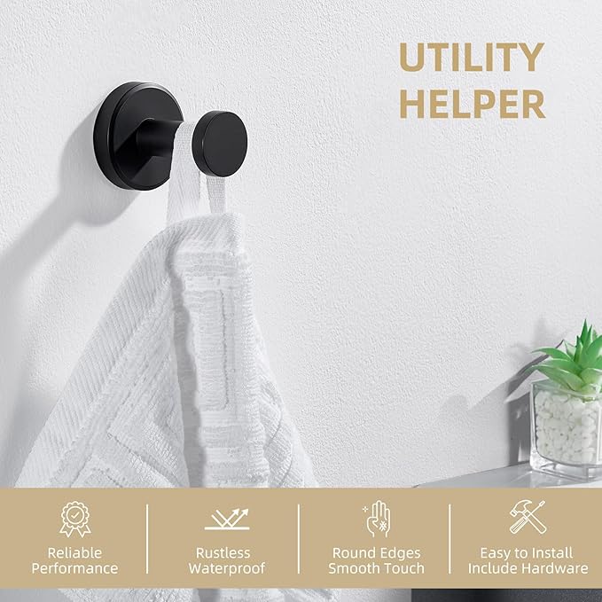 Angle Simple Towel Hook Matte Black, Stainless Steel Bathroom Hand Towel Holder, Compact Round Robe Hook Wall Mount