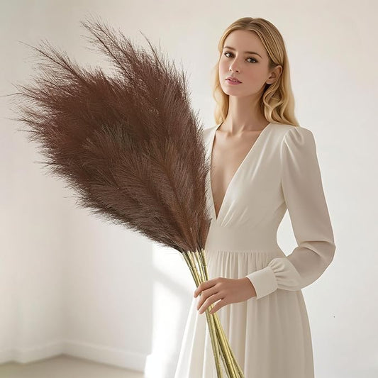 8 Pcs Brown Tall Faux Pampas Grass Decor, 45 Inches Artificial Pampas Grass Bulk, Large Faux Pompas Dried Decor for Floor Vase Filler, Home Boho, Wedding Anniversaries, Baby Shower Decoration