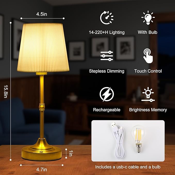 Cordless Table Lamp Rechargeable, 5200mAh High Capacity Battery Powered, Touch Dimmable Gold Lamp for Nightstand,Bedside,Kitchen,Living Room 15.8" (Fabric Lampshade)