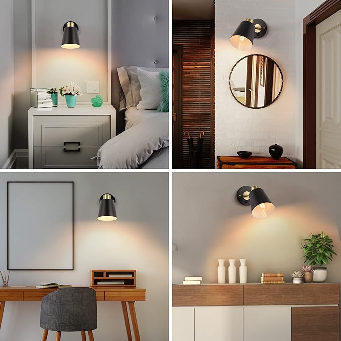 Wall Sconce Plug in, Dimmable Wall Sconces Adjustable Wall Lights with Plug in Cord and Dimmer On/Off Rotary Switch, Wall Mounted Light for Bedside Bedroom LivingRoom(2 Bulbs Included)