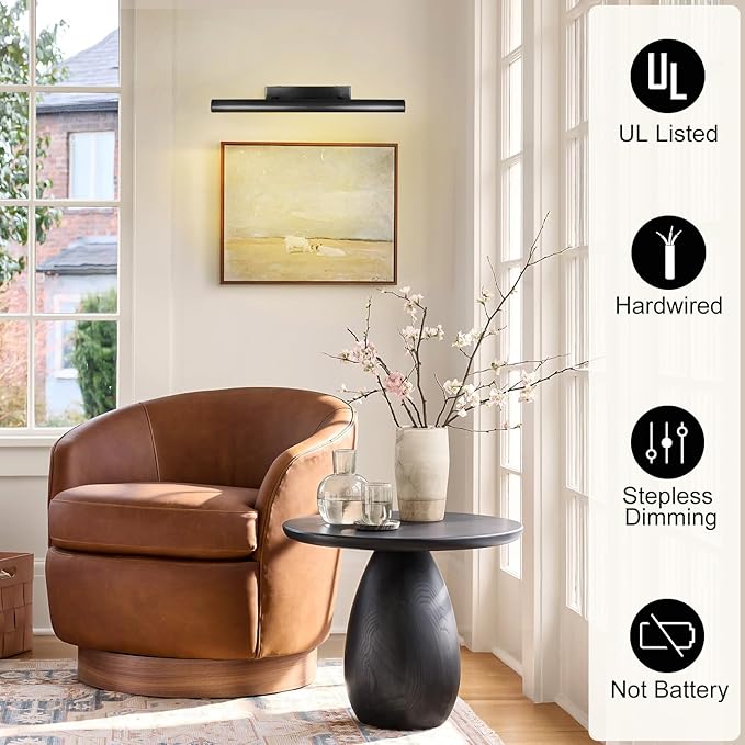 Matte Black Picture Lights for Wall, 24" Art Light Hardwired, 3-Light Bronze Gallery Light, Warm White 2700k Dimmable Picture Frame Lights, 270° Vanity Light for Bathroom, Living Room, Hallway