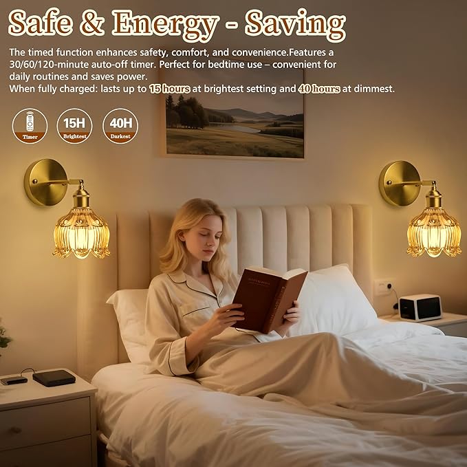 Battery Operated Wall Sconce with Remote Control,Vintage Wall Lamp with Flower lampshade,Rechargeable Battery Powered Wall Lights with 15 Colors for Beside Bedroom Living Room Doorway,Flower Amber