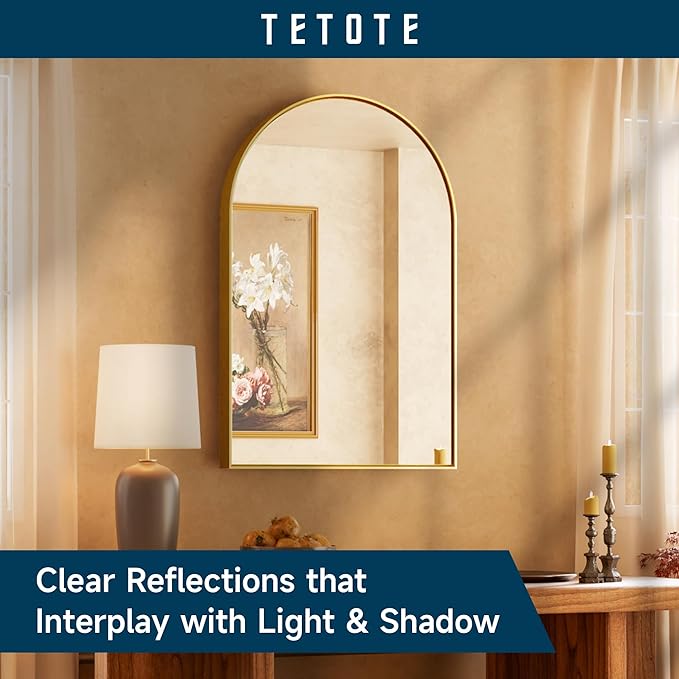 TETOTE 30 x 36 Gold Arched Mirror for Bathroom Brushed Gold Arch Metal Framed Mirrors Wall Mounted, Tempered Glass Shatterproof Decorative Mirror for Modern Home Decor