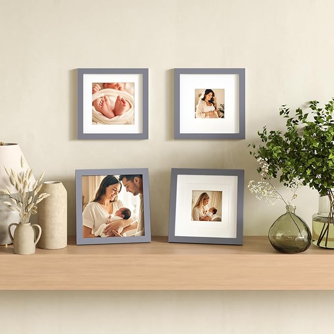 Egofine 8x8 Picture Frames 4 Pack for Picture 4x4 with Mat or 8x8 whitout Mat Made of Solid Wood Covered by Plexiglass for Table Top Display and Wall Mounting Photo Frame, Dark Gray
