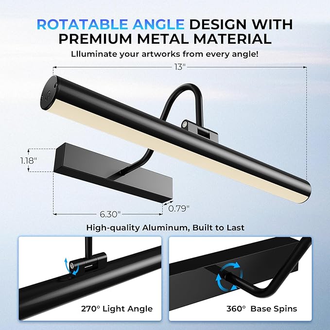 Cordless Picture Light for Wall, Battery Operated Art Light with 3CCT Dimmable, 5200mAh Battery Wall Sconce with Remote & Timer, 13in LED for Paintings, Gallery Artwrok, Picture Display - Black