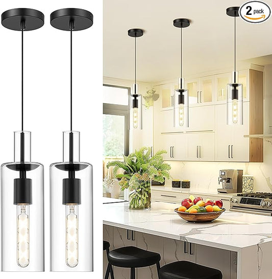 AUTELO 2 Pack Pendant Lights Kitchen Island, Modern Pendant Lights in Black Metal Finish, Black Pendant Light Fixtures, Cylinder Glass Hanging Lamp, Kitchen Pendant Lighting over Island, H3875 BK-M-2P