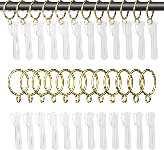 1.5 Inch Curtain Rings with Hooks, 24 Pack Gold Metal Drapery Rings with Pins Fits Up to 1.25" Curtain Rods