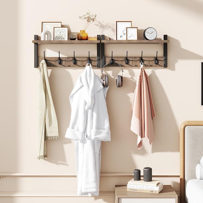 YMYNY Coat Rack Shelf Wall Mounted, Coat Hooks Set of 2, Entryway Coat Hanger with 8 Hooks, 31.5" Wall Floating Shelf with Hat Rack, for Kitchen, Bedroom, Bathroom, Silver Gray UHWS001Y-2