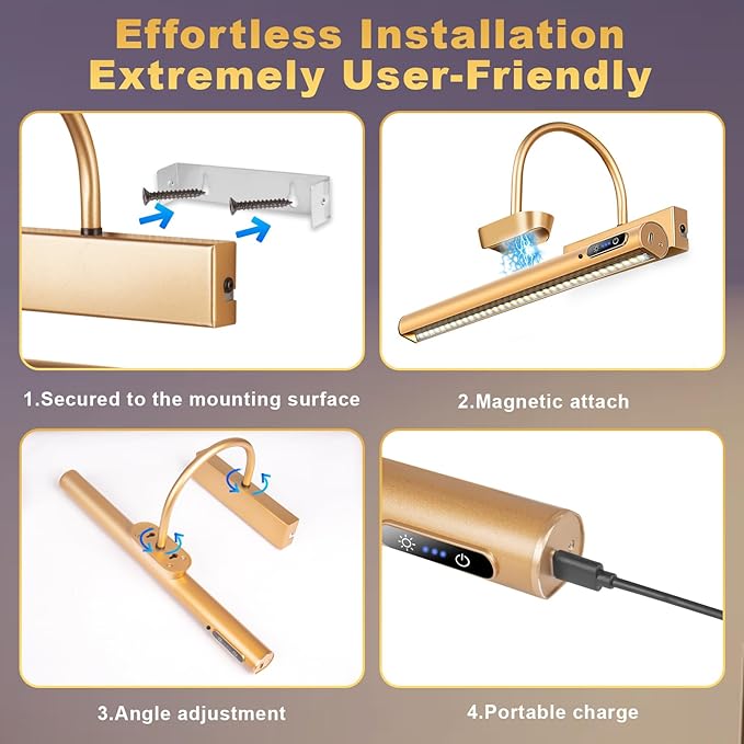 Dimmable Cordless Picture Light with Controller and Timer, Rechargeable 5000mAh Battery Wall Sconce for Wall Pictures, Gallery Artwork, Paintings, Portraits, Dartboards (Gold)