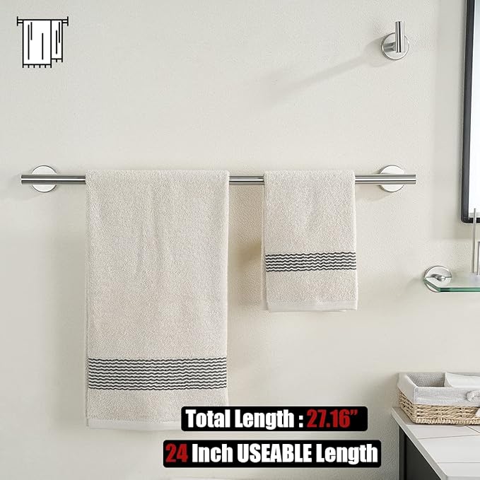 JQK Bath Towel Bar, 27 Inch 304 Stainless Steel Thicken 0.8mm Towel Rack Bathroom, Towel Holder Brushed Finished Wall Mount, Useable Length 24 Inch, TB110L24-BN