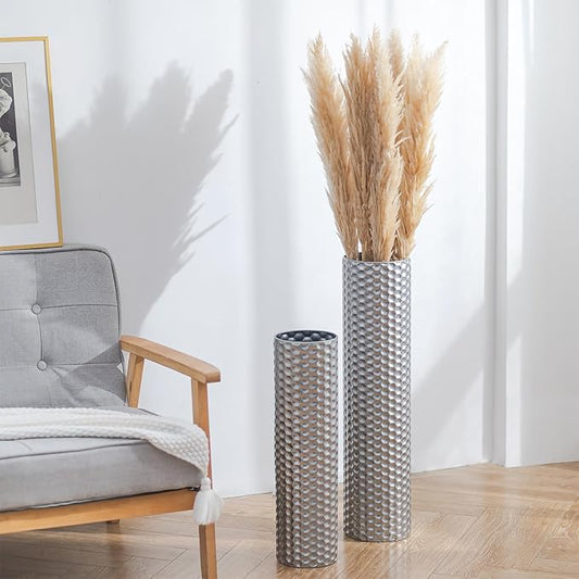 Sziqiqi Silver Tall Floor Vase: 27.6/21.7in Metal Cylinder Vases Extra Large Decorative Vase Set of 2 Living Room Modern Honeycomb Texture Big Standing Decor for Dining Bedroom Home Corner Indoor