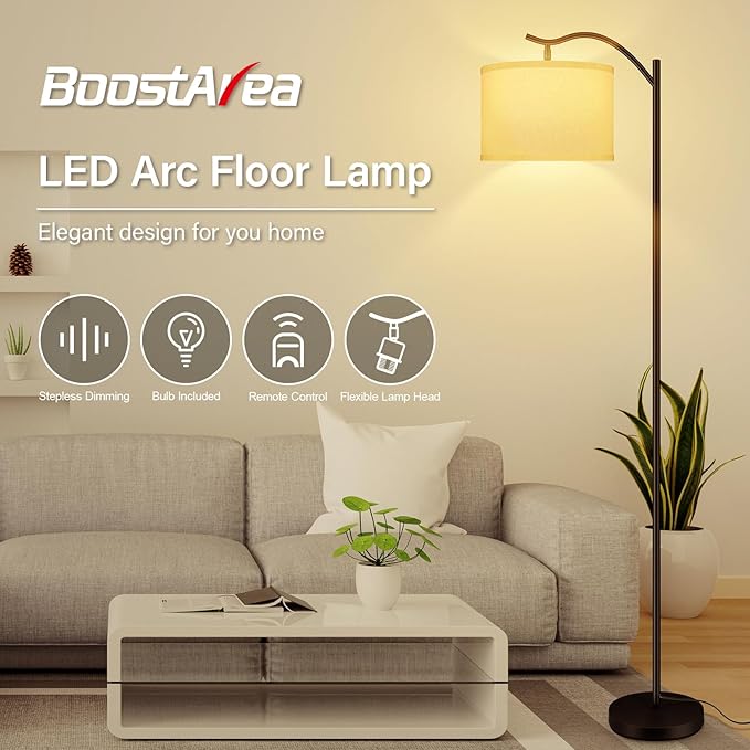 BoostArea Floor Lamp for Living Room,Arc Floor Lamp with Remote Control,Stepless Dimmable Brightness & Colors Temperature 2700k-6500k,Modern Standing Lamp for Bedroom Study Room Office,White