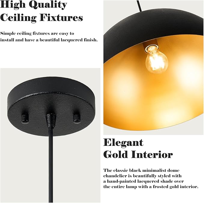 Industrial Pendant Lighting for Kitchen Island, 16 Inch Black and Gold Metal Dome Pendant Light Fixtures, Hemispherical Hanging Ceiling Light E26 Base for Reading Dining Room Foyer Cafe, 2 Pack