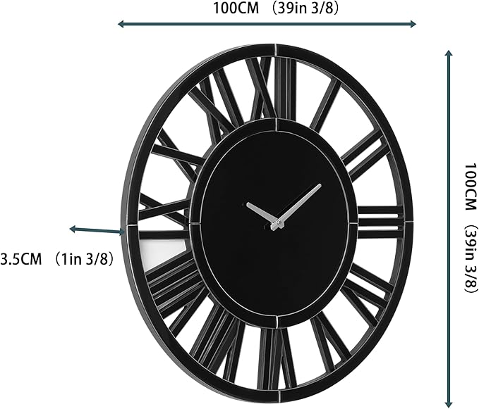 SHYFOY 39" Modern Black Mirror Finish Wall Clock with Roman Numerals - Large Silent Non-Ticking Decorative Clock for Living Room, Bedroom, and Office - Easy to Hang