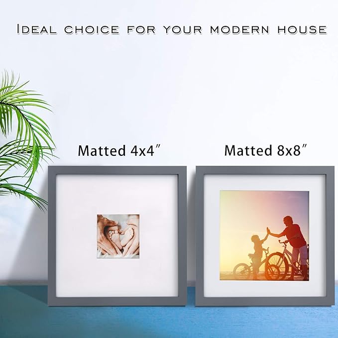 Egofine 11x11 Grey Picture Frames 4 Pack Display Pictures 4x4/8x8 with Mat or 11x11 Without Mat Made of Solid Wood for Table Top Display and Wall Mounting Photo Frame, Dark Grey