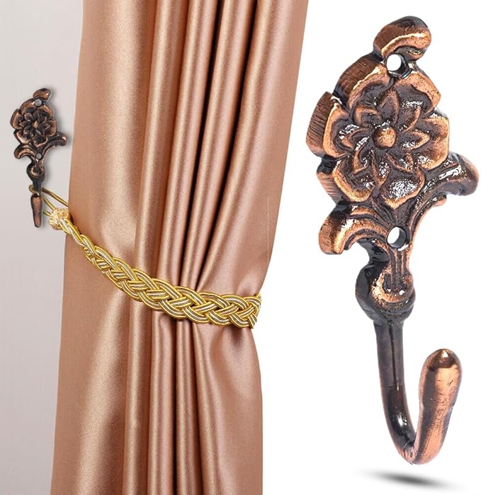 Multipurpose Hooks, Used to Hang Clothes, Bags, Coats, Curtain Hold Backs, Keys, Colour - Copper, Material - Brass, Flower Design, Screws and Wallplugs Included, Pack of 2 Pieces